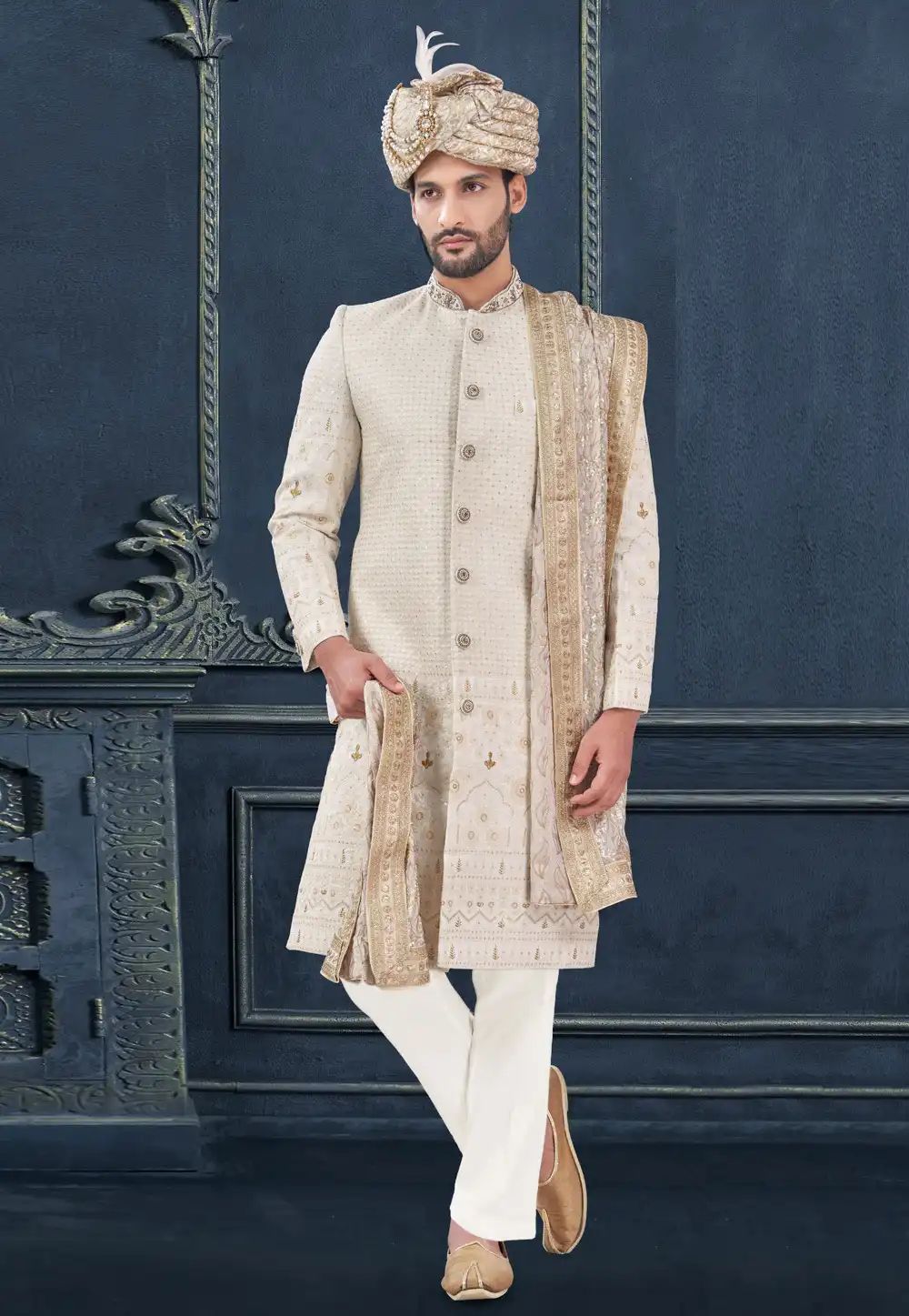 Cream Viscose Georgette Achkan Style Sherwani 305183