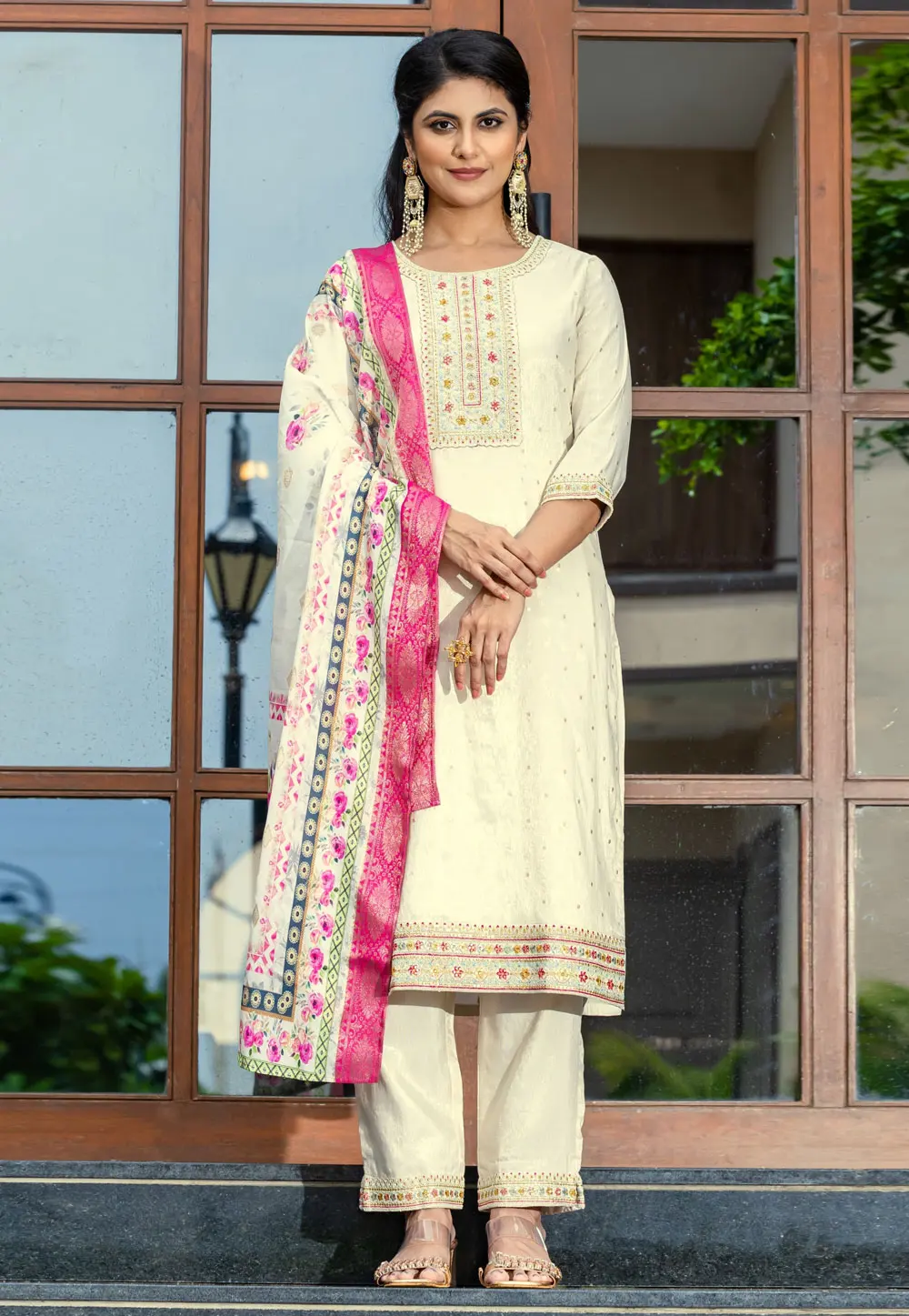 Cream Viscose Jacquard Readymade Pakistani Suit 301074