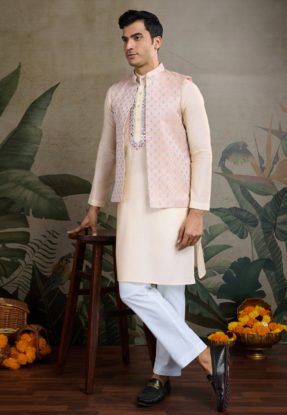 Cream Viscose Kurta Pajama With Jacket 311440