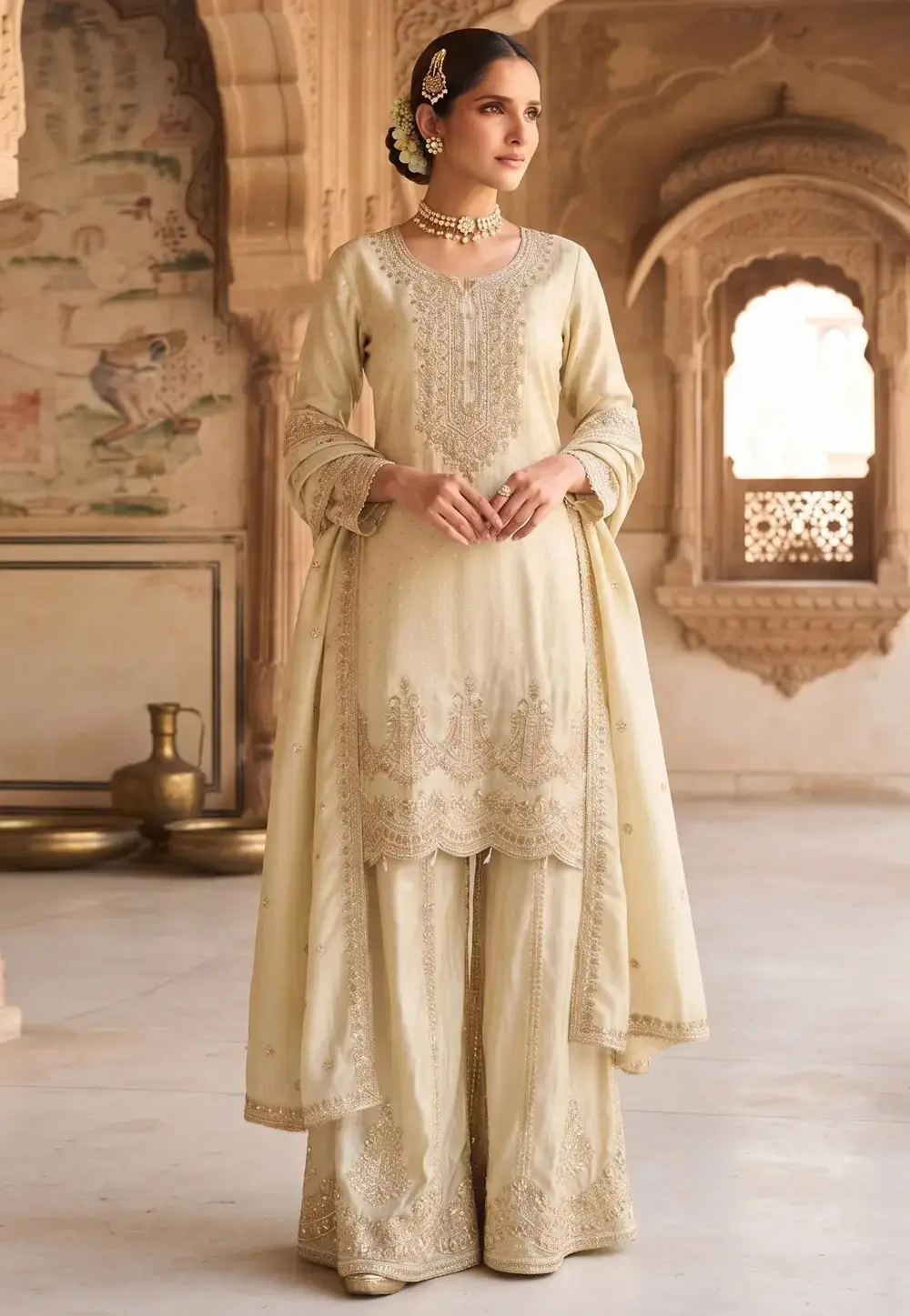 Cream Viscose Palazzo Suit 332516
