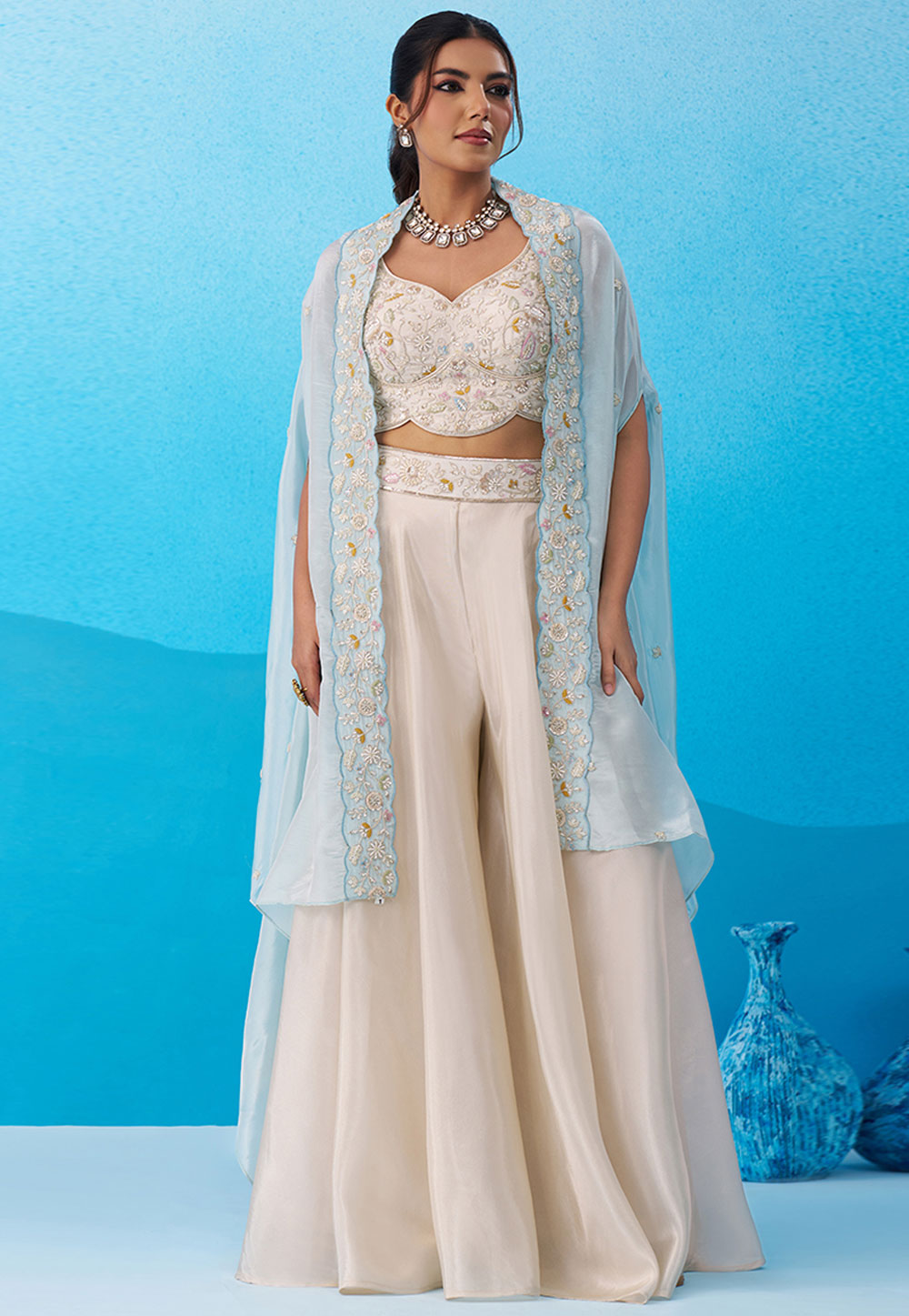 Cream Viscose Palazzo With Crop Top 326278