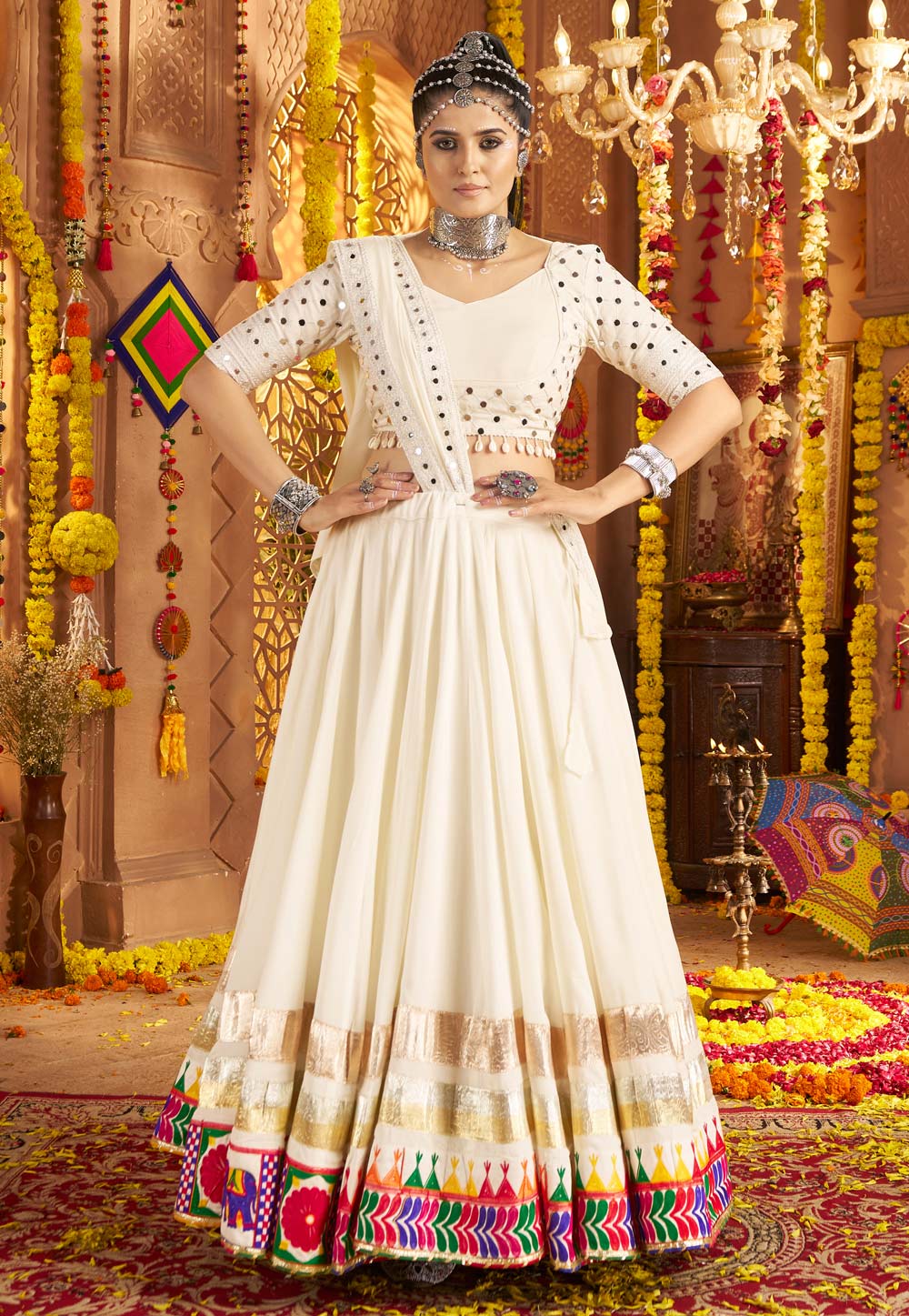 Cream Viscose Rayon Navratri Chaniya Choli 313007