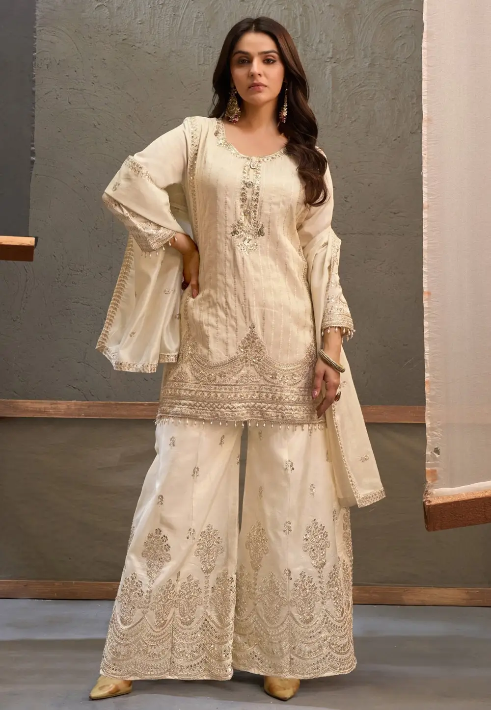 Cream Viscose Readymade Pakistani Suit 334551
