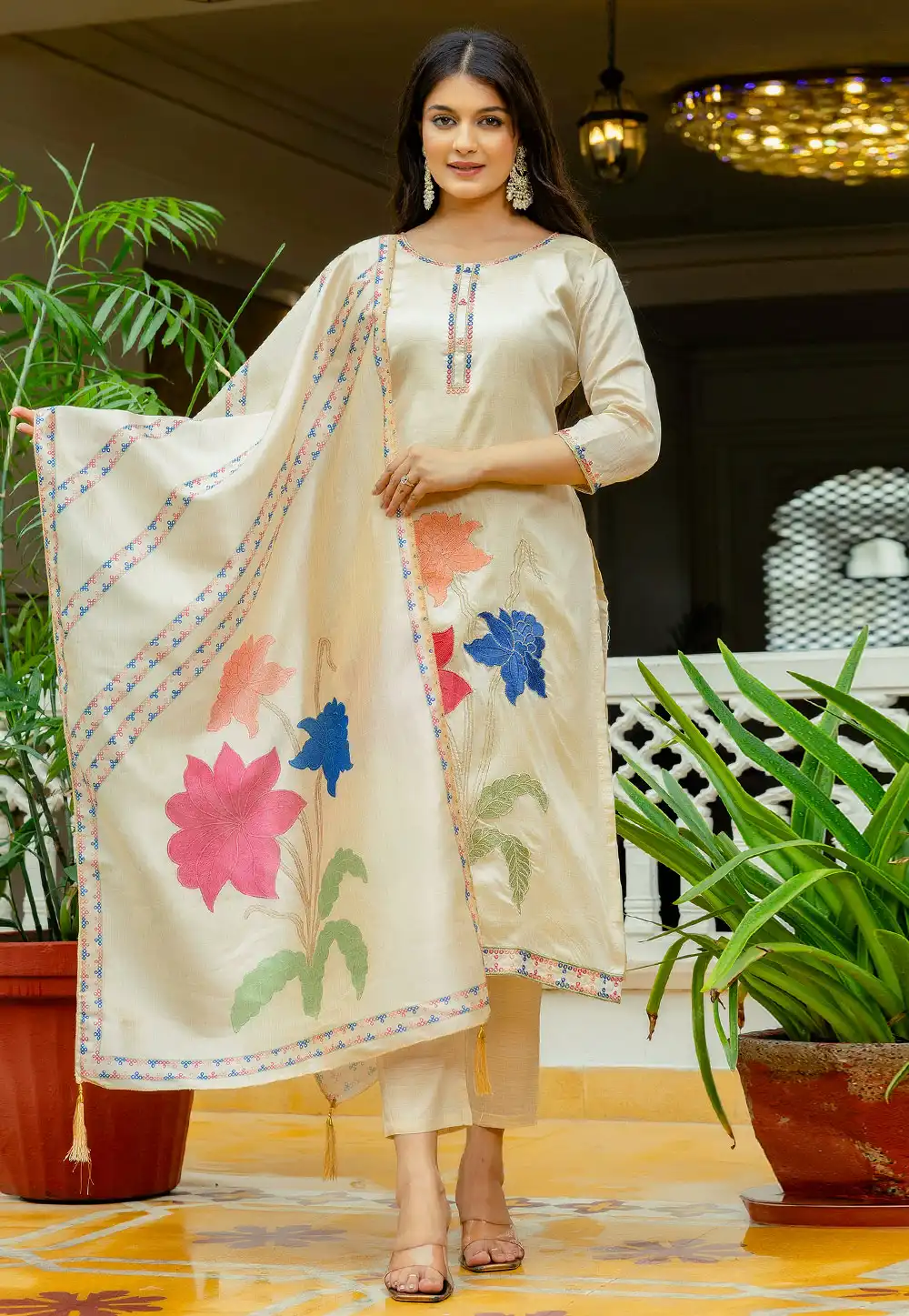 Cream Viscose Readymade Pakistani Suit 317766