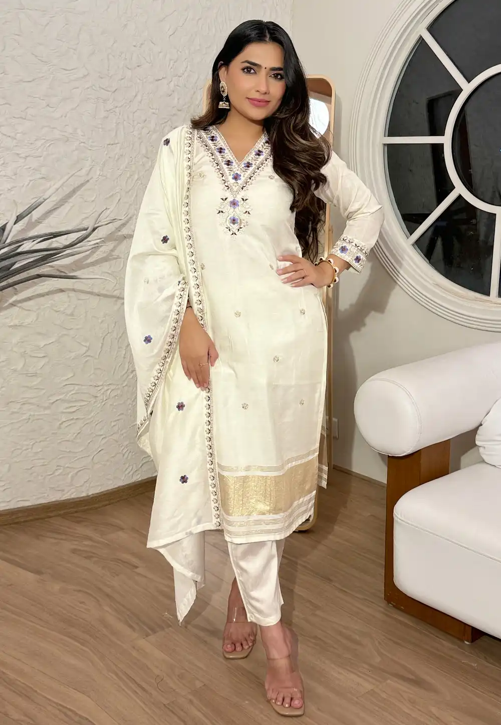 Cream Viscose Readymade Pant Style Suit 319311