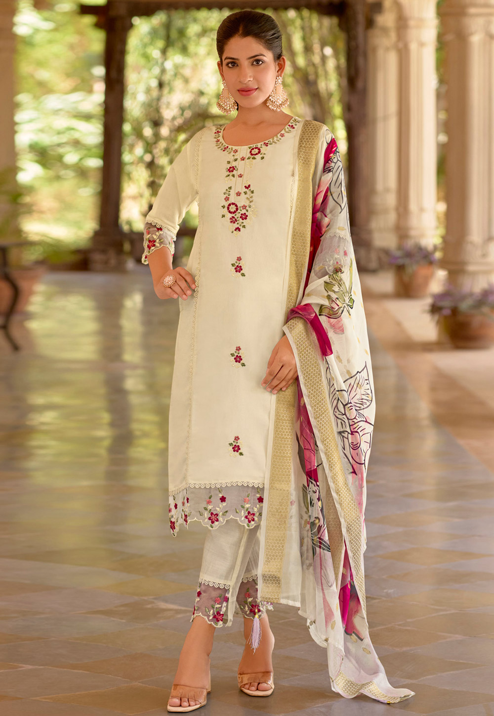 Cream Viscose Readymade Pant Style Suit 308509