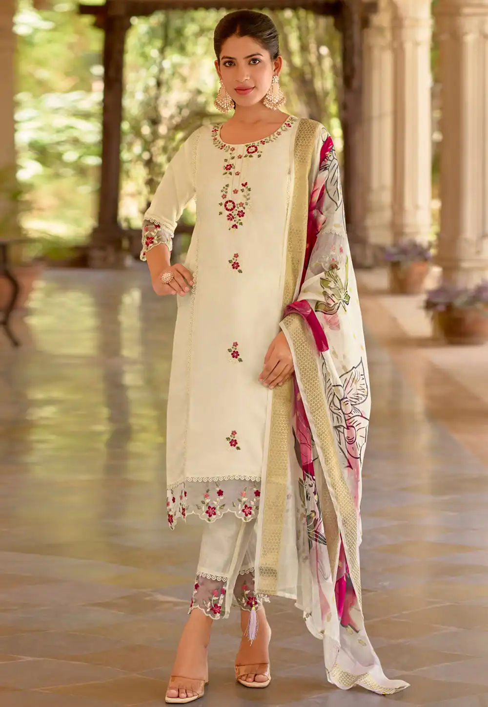 Cream Viscose Readymade Pant Style Suit 308509