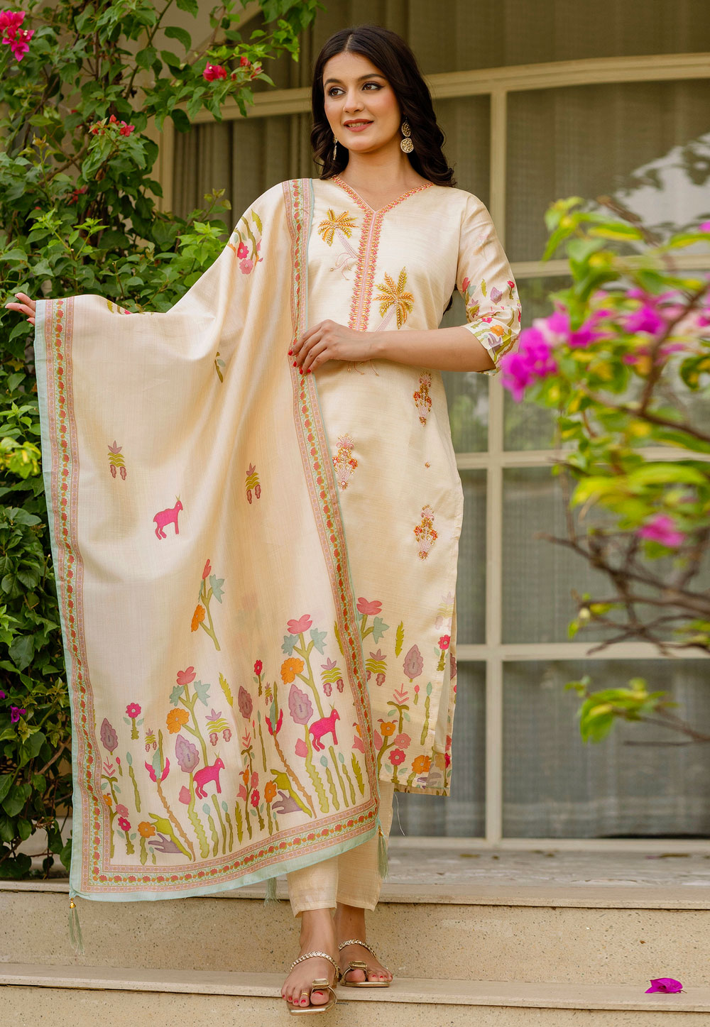 Cream Viscose Readymade Pant Style Suit 311253