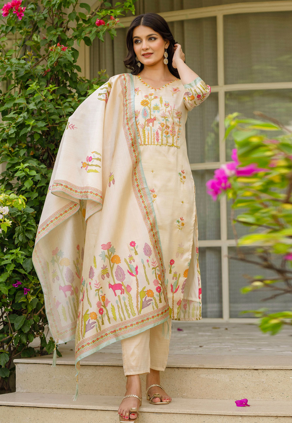 Cream Viscose Readymade Pant Style Suit 311255