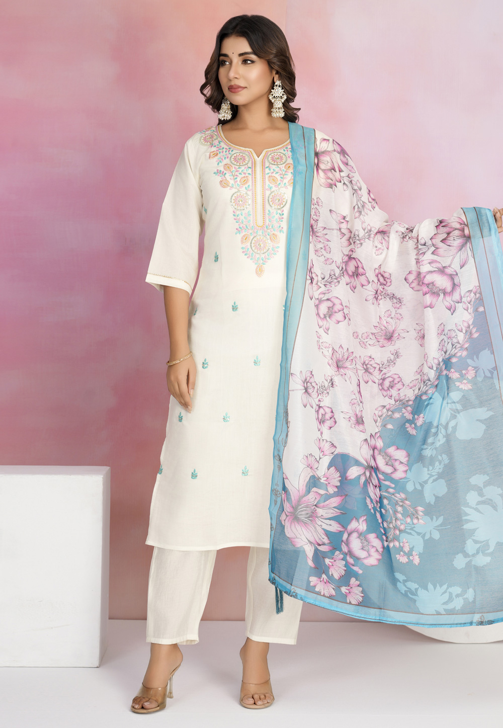 Cream Viscose Readymade Pant Style Suit 311071