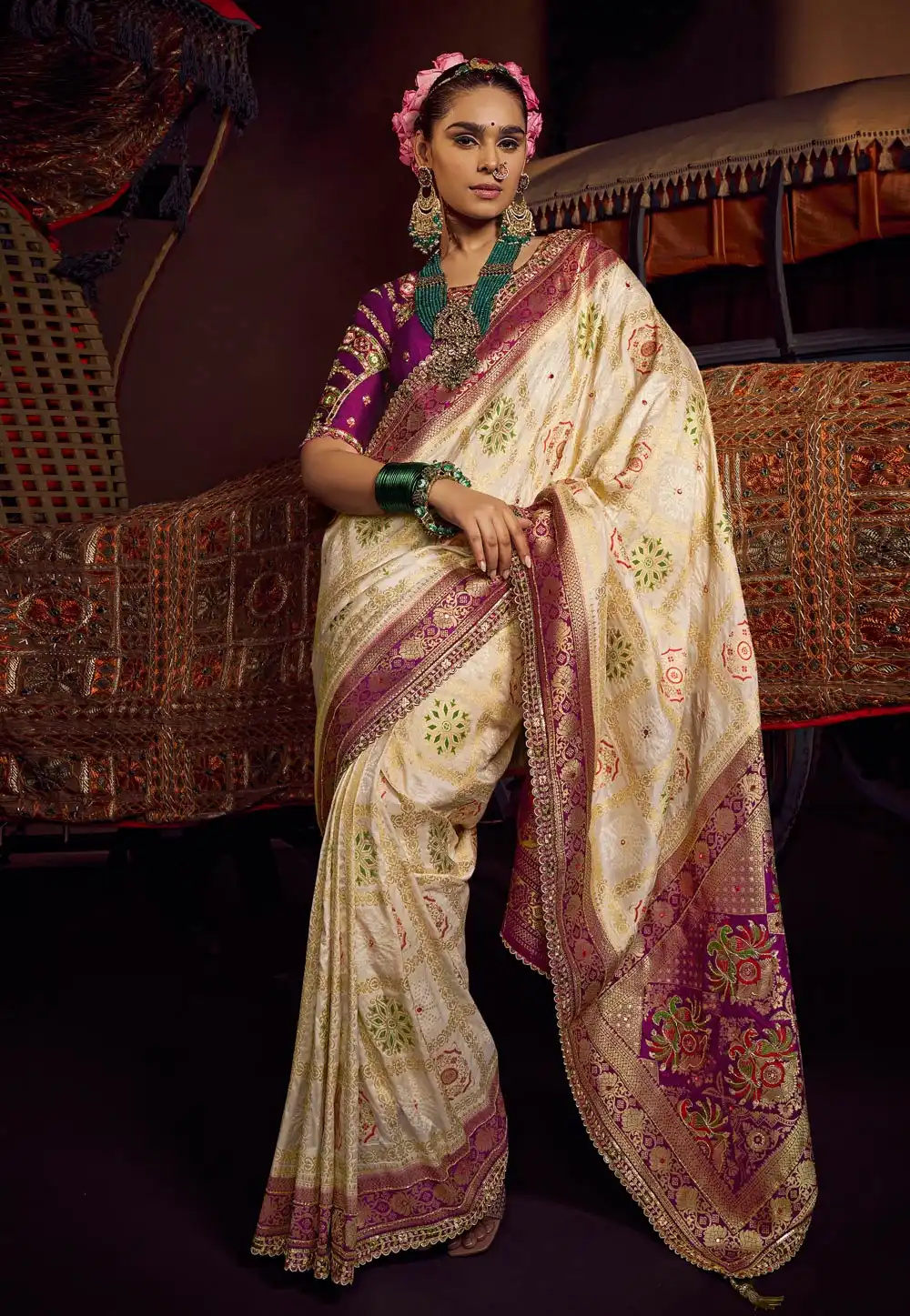 Cream Viscose Saree With Blouse 313441