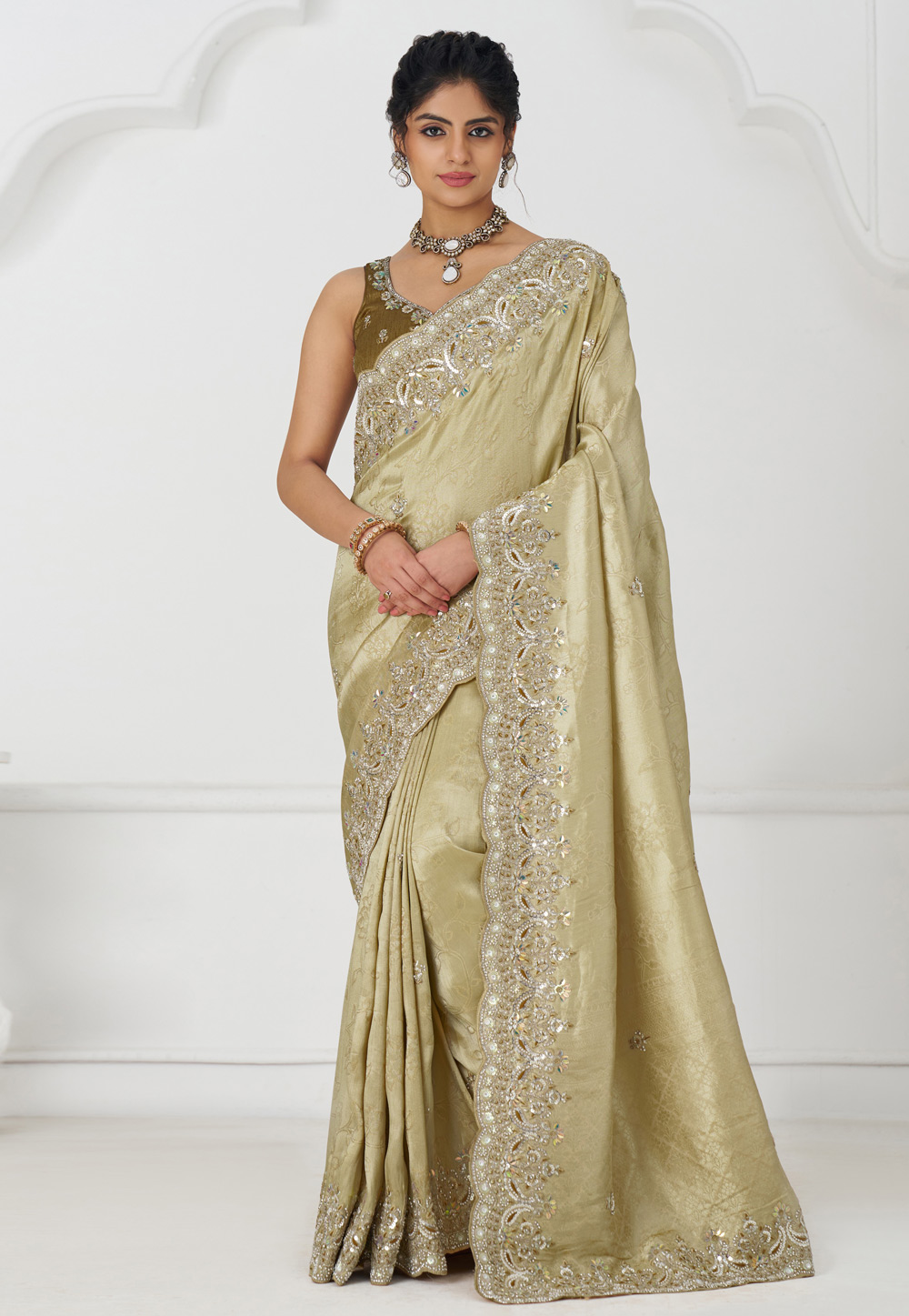 Cream Viscose Saree With Blouse 308976