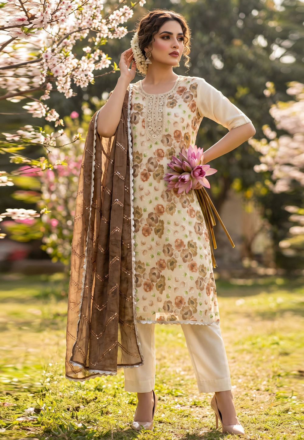 Cream Viscose Straight Suit 327461