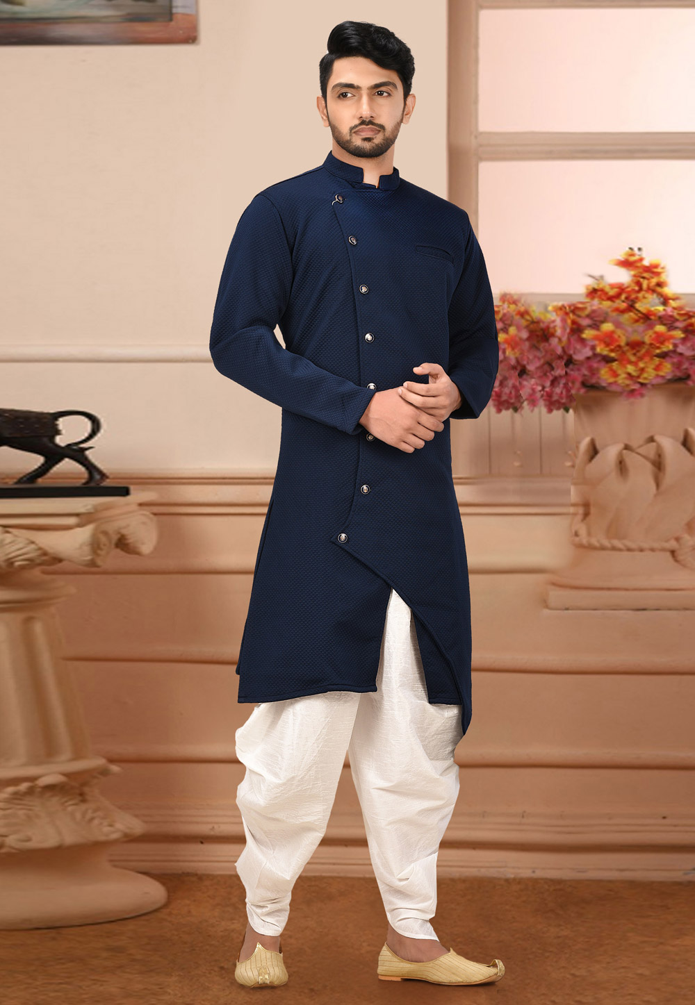Navy Blue Art Silk Readymade Indo Western Dhoti Kurta 210844