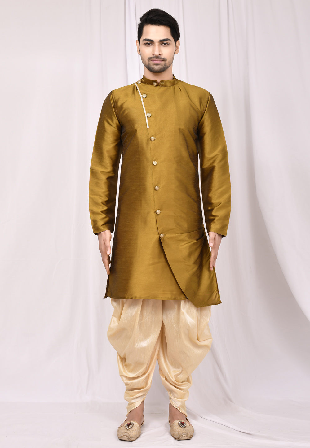 Mustard Art Silk Dhoti Kurta 232686