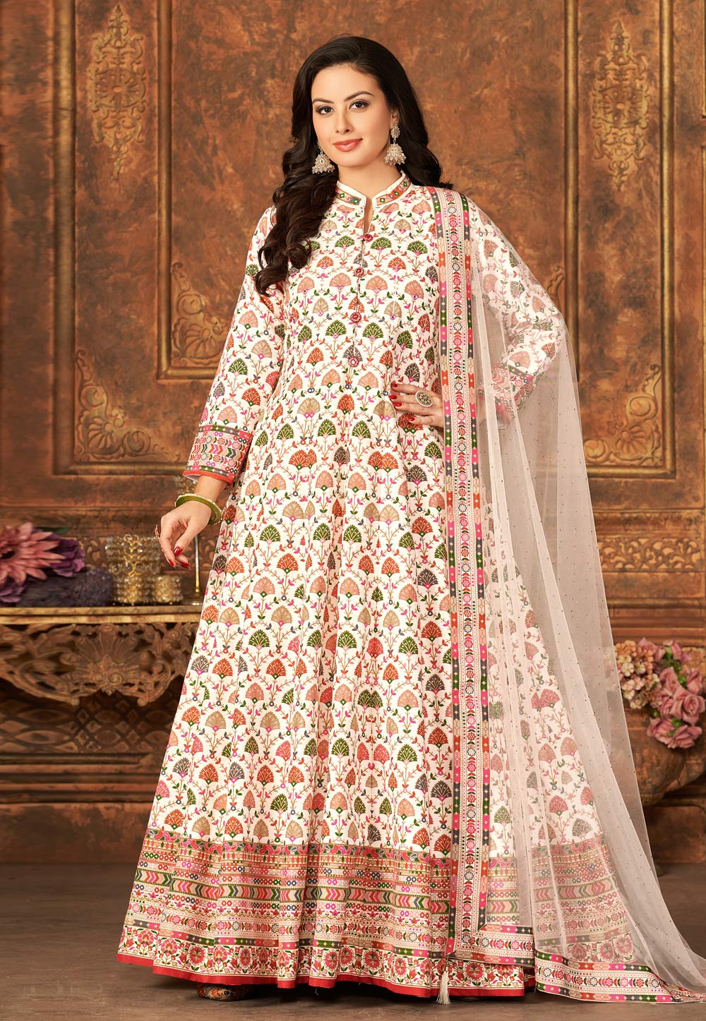 Cream Art Silk Printed Gown 274217