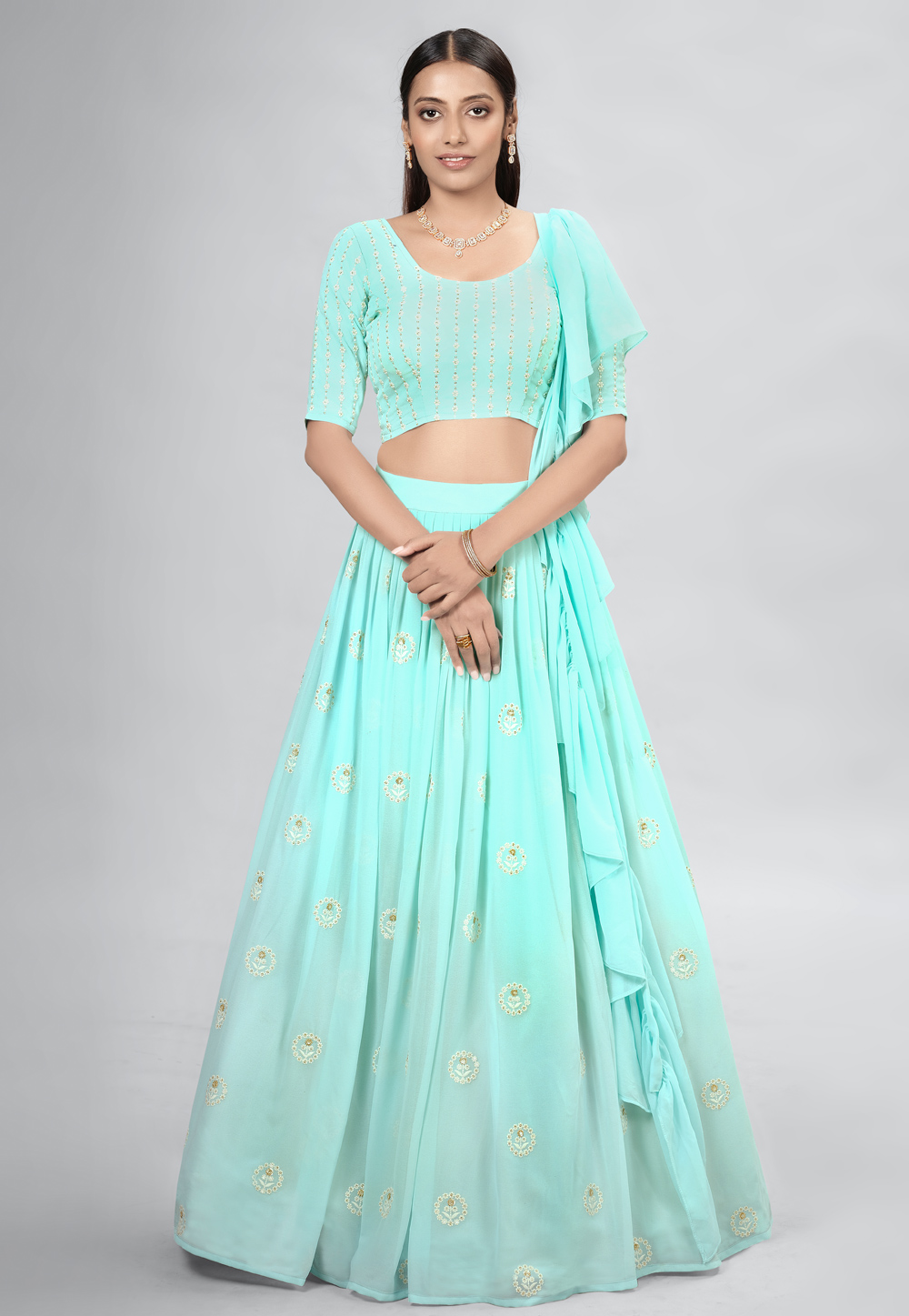 Turquoise Georgette A Line Lehenga Choli 256015