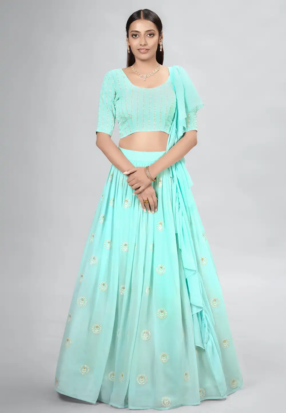 Turquoise Georgette A Line Lehenga Choli 256015
