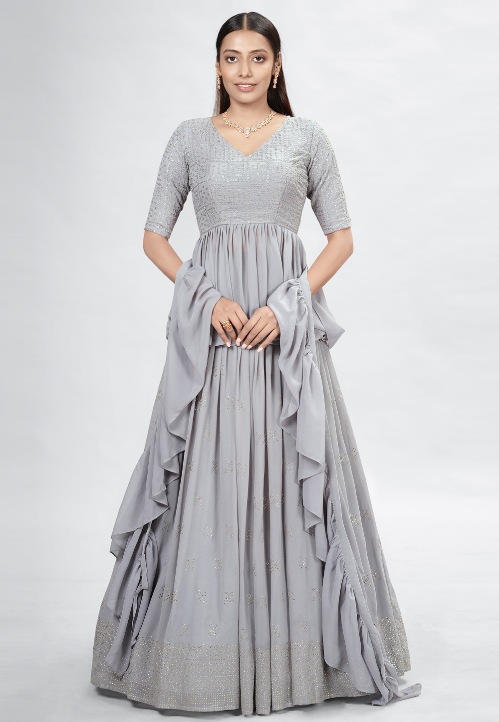Grey Georgette A Line Lehenga Choli 256025
