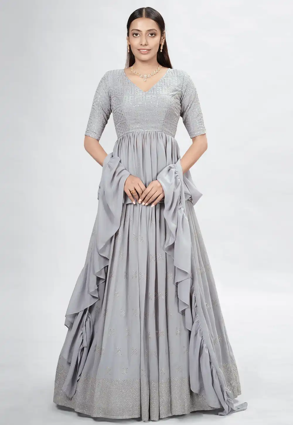 Grey Georgette A Line Lehenga Choli 256025