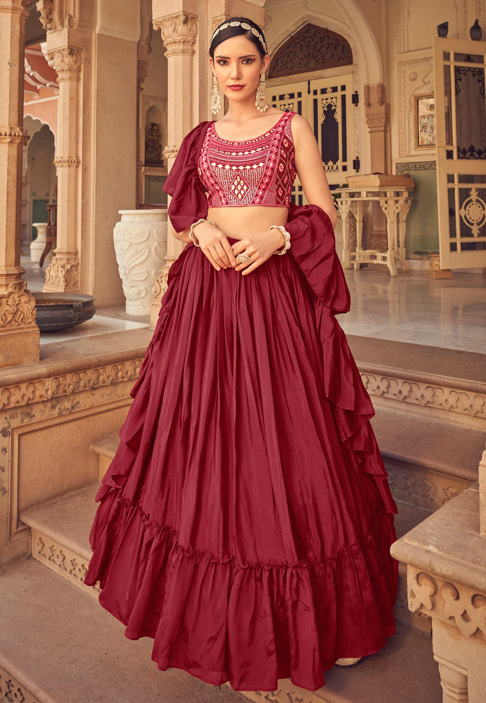 Maroon Chinon Circular Lehenga Choli 248678