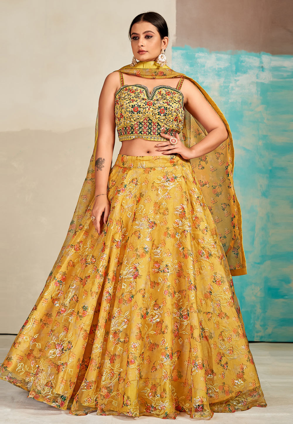 Yellow Organza Readymade Floral Lehenga Choli 264203