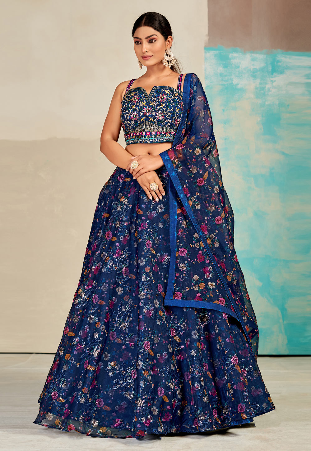 Blue Organza Readymade Floral Lehenga Choli 264204