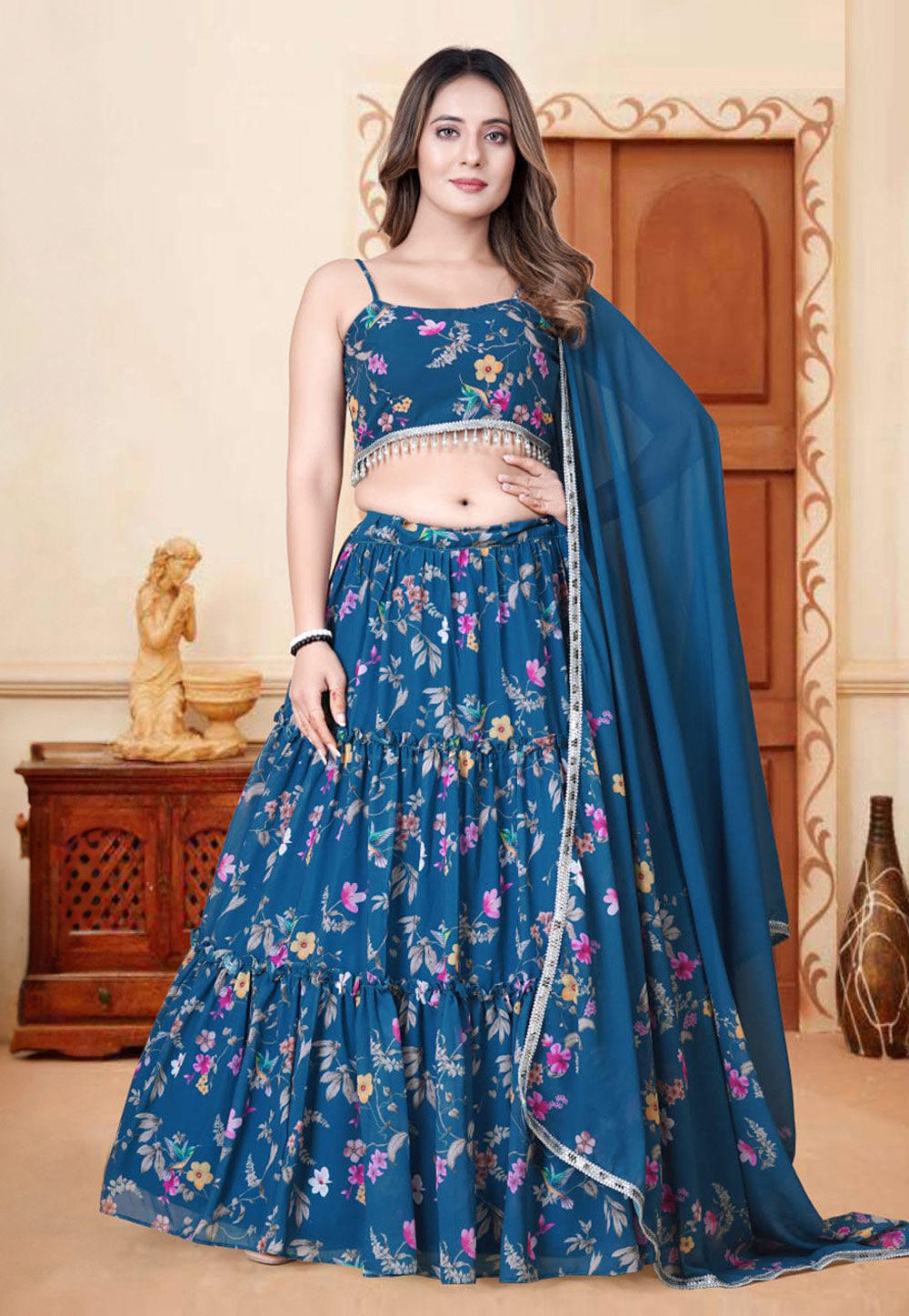 Blue Georgette Floral Lehenga Choli 274159