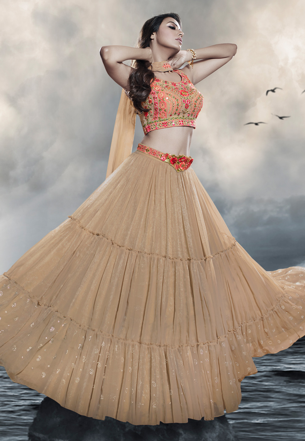 Beige Art Silk Layered Lehenga Choli 269687