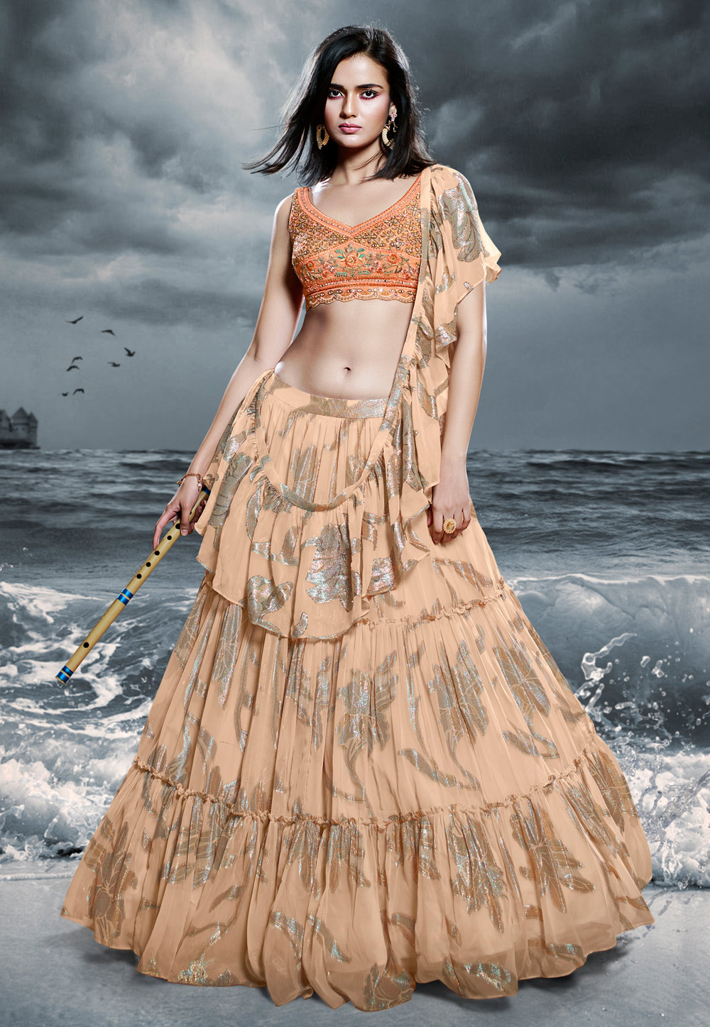 Beige Art Silk Circular Lehenga Choli 269688
