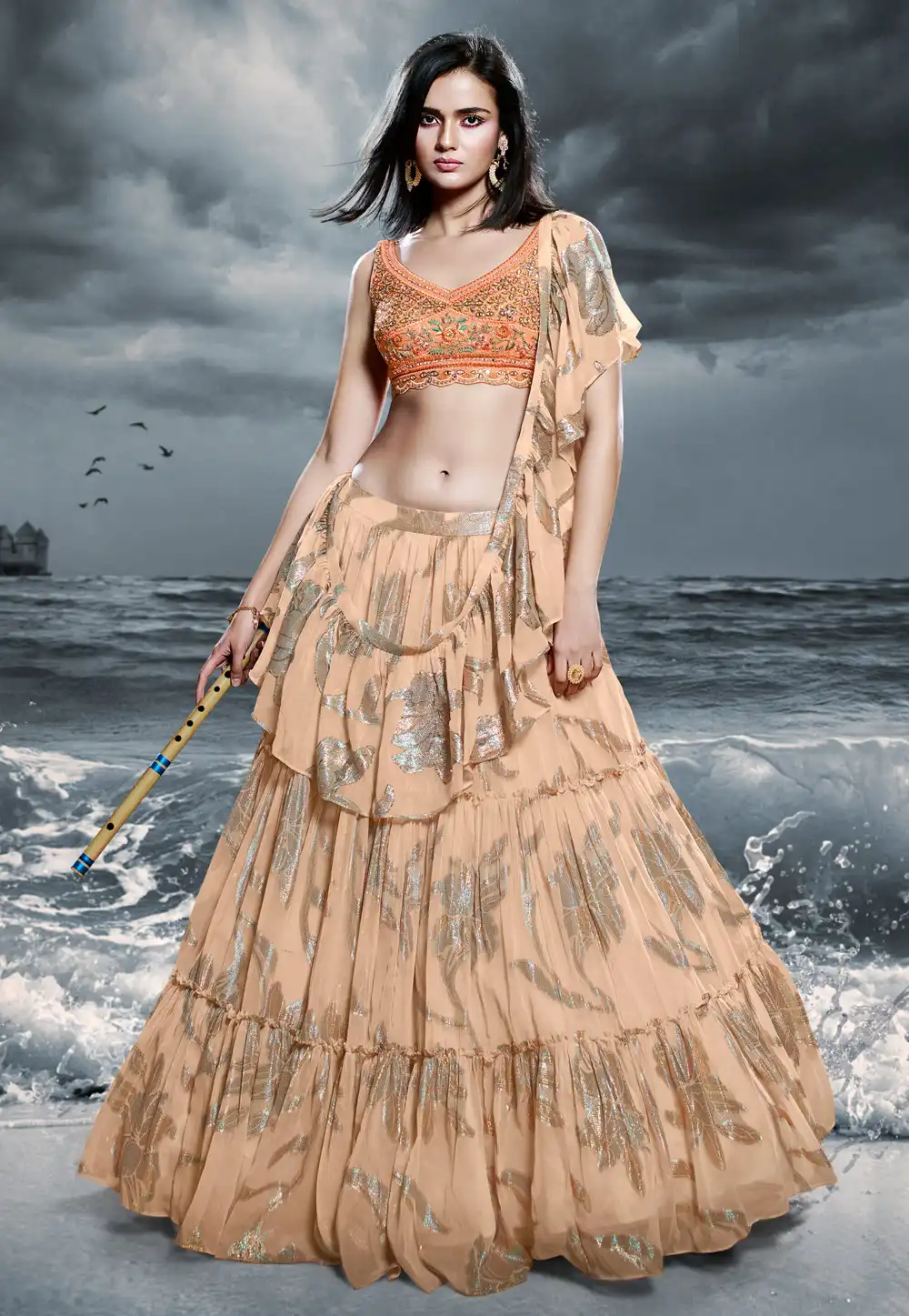Beige Art Silk Circular Lehenga Choli 269688