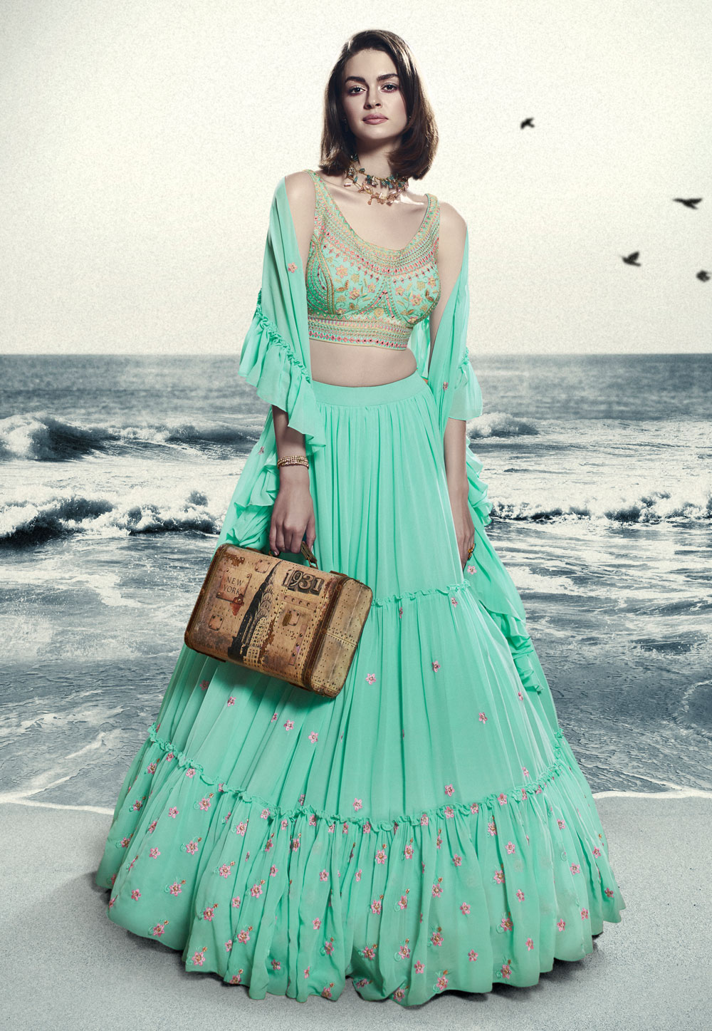 Sea Green Georgette Layered Lehenga Choli 269691