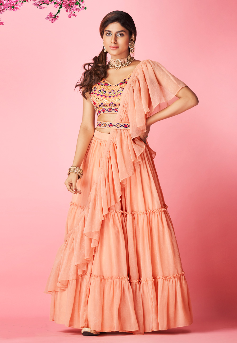 Peach Chiffon Frilled Lehenga Choli 243548