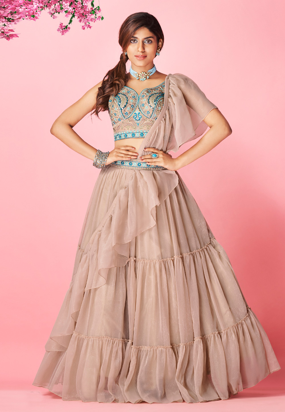 Brown Chiffon Frilled Lehenga Choli 243550