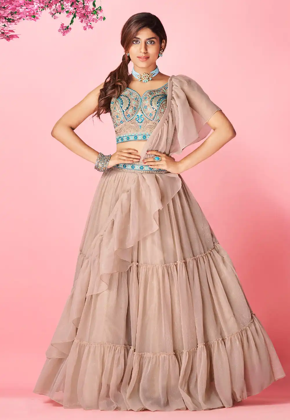 Brown Chiffon Frilled Lehenga Choli 243550