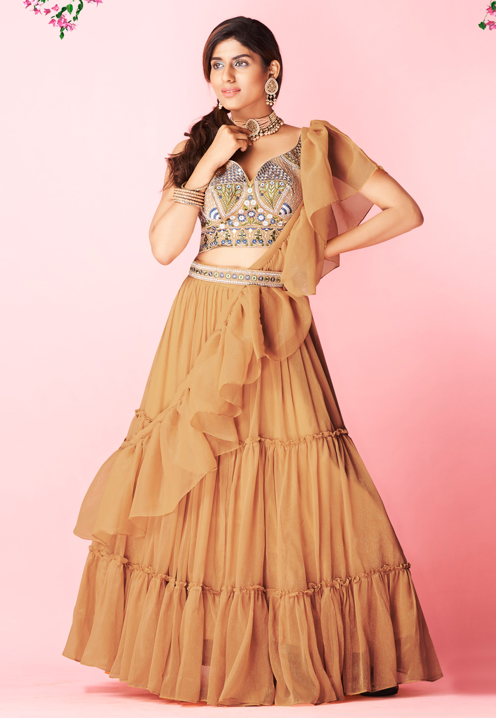 Mustard Chiffon Frilled Lehenga Choli 243553