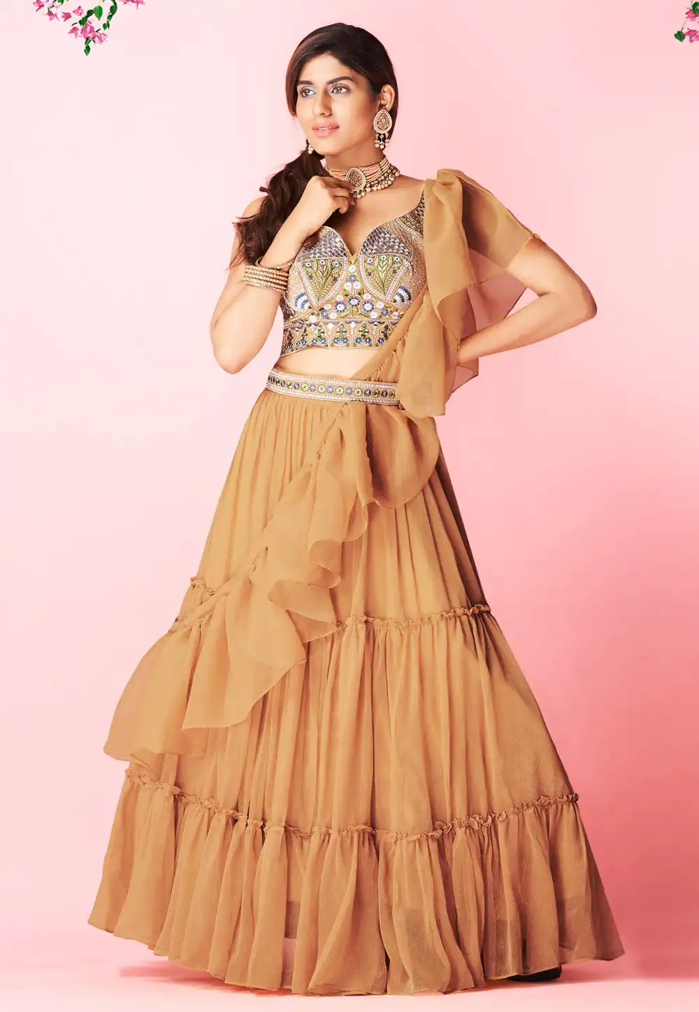 Mustard Chiffon Frilled Lehenga Choli 243553