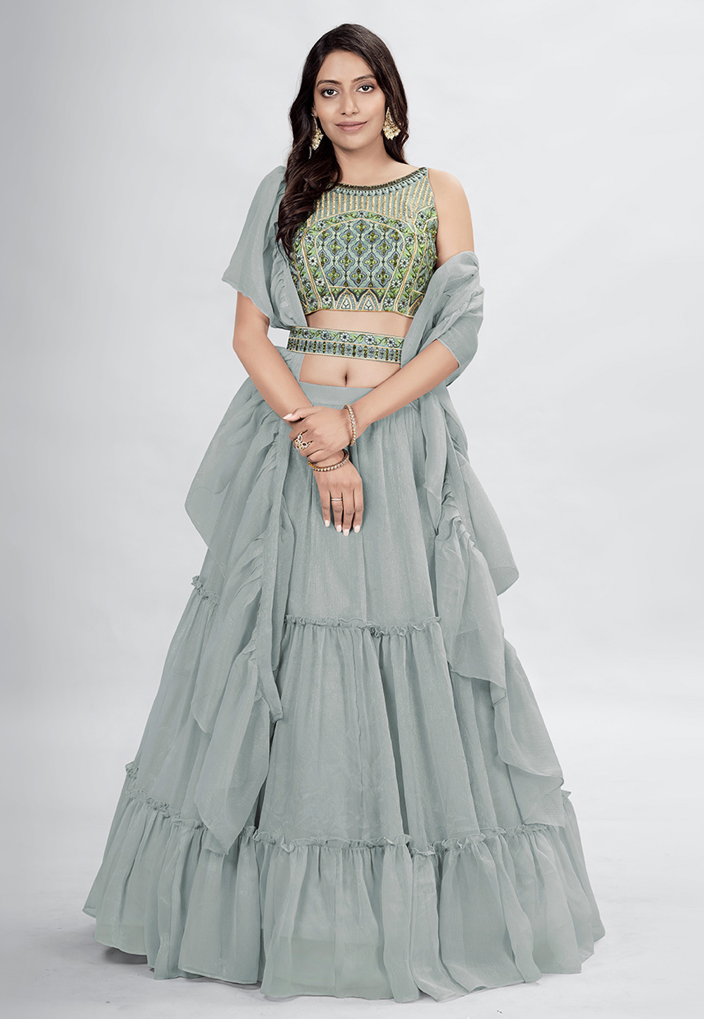 Grey Chiffon Frilled Lehenga Choli 258528
