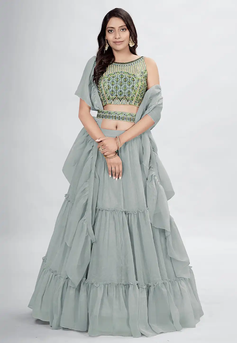 Grey Chiffon Frilled Lehenga Choli 258528