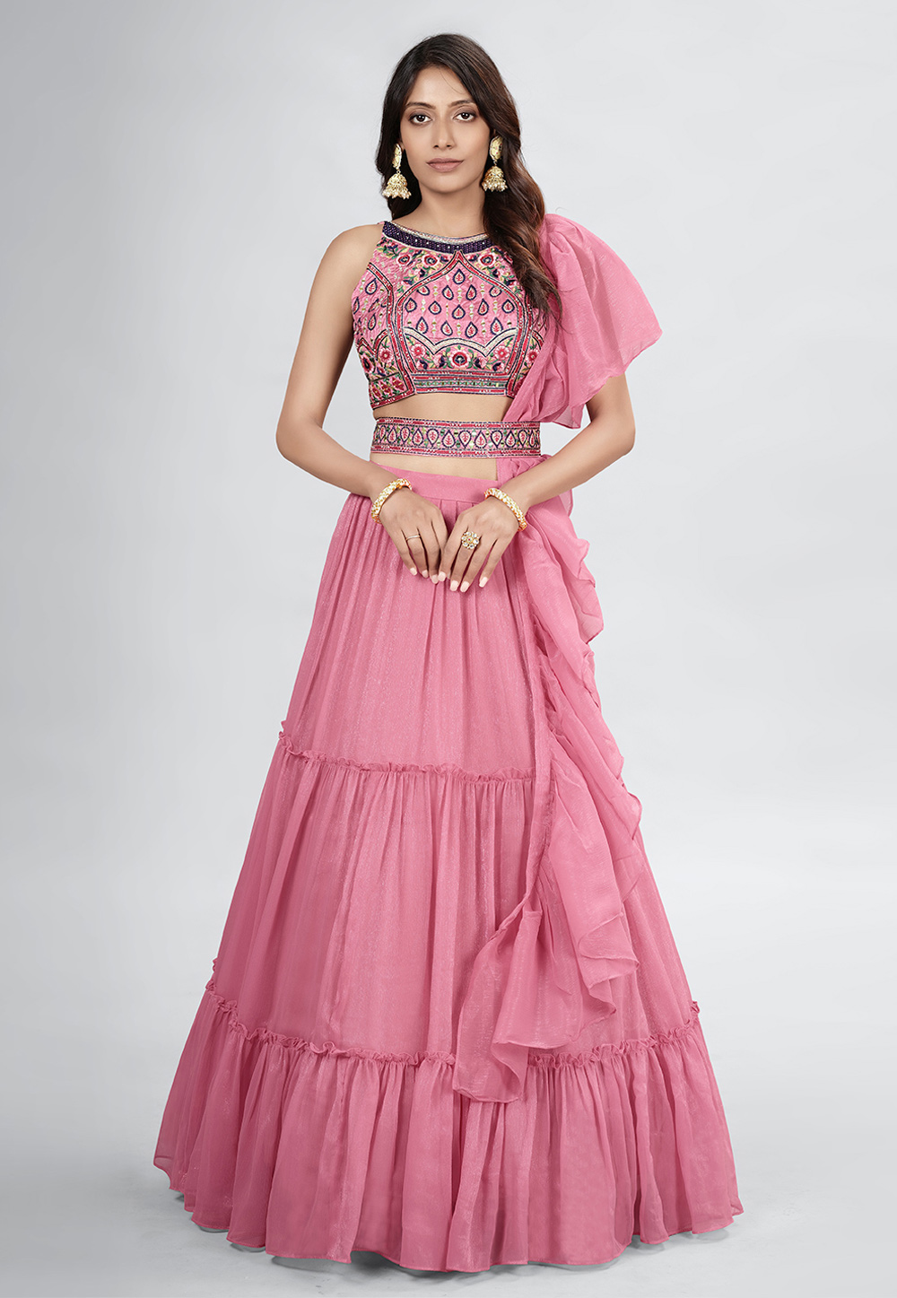 Pink Chiffon Frilled Lehenga Choli 258529