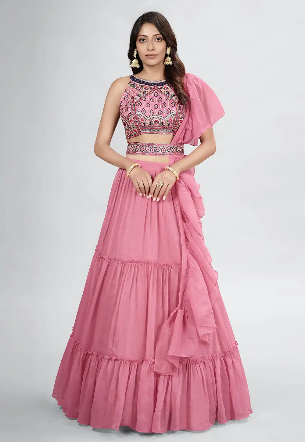 Pink Chiffon Frilled Lehenga Choli 258529