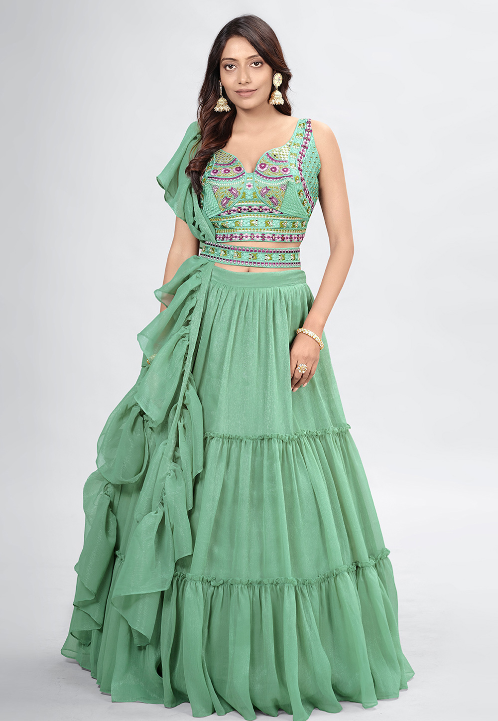 Pista Green Chiffon Frilled Lehenga Choli 258530