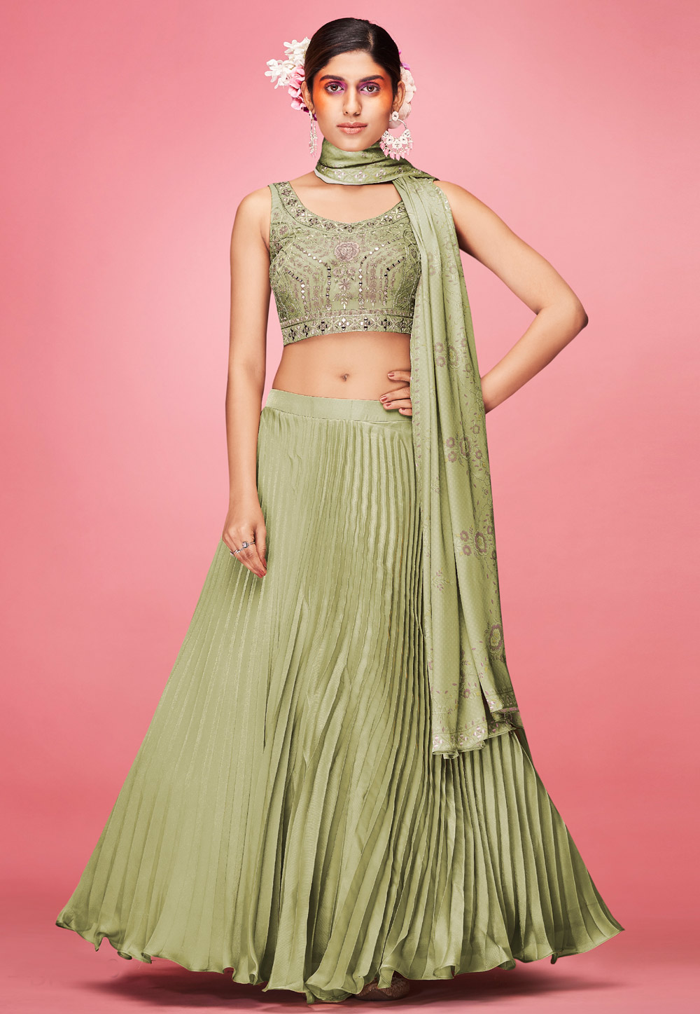 Pista Green Art Silk A Line Lehenga Choli 247296