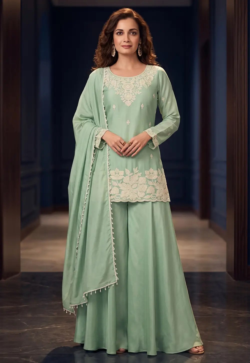 Dia Mirza Sea Green Chinon Readymade Pakistani Suit 332346