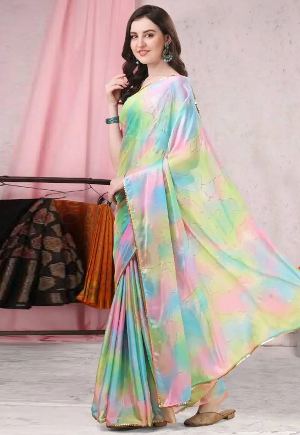 Multicolor Chinon Chiffon Saree With Blouse 268750