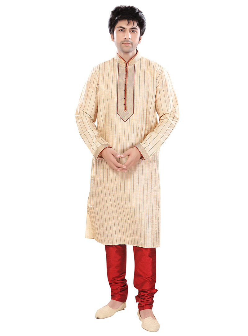 Cream Silk Readymade Kurta With Churidar 71473