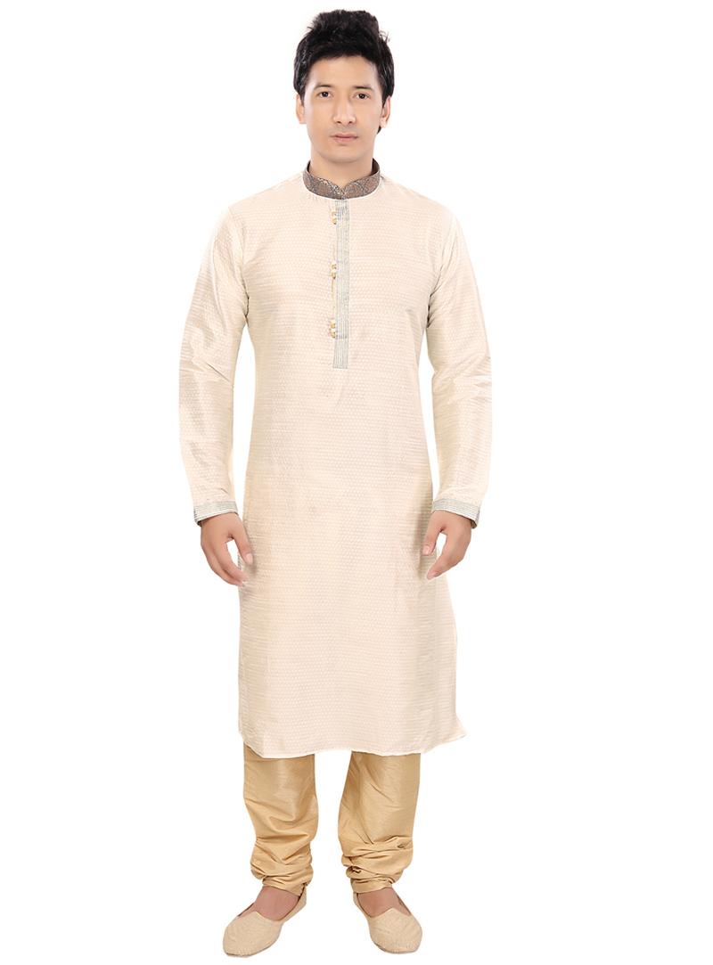 Cream Jacquard Readymade Kurta With Churidar 73367