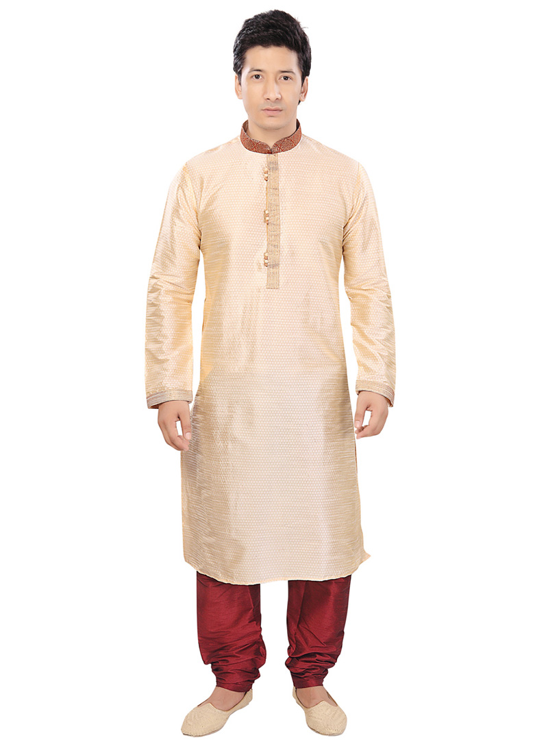 Beige Jacquard Readymade Kurta With Churidar 73368