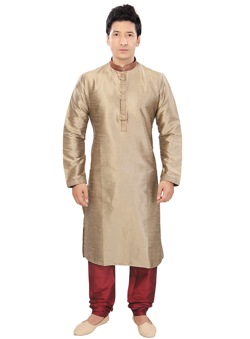 Golden Jacquard Readymade Kurta With Churidar 73369