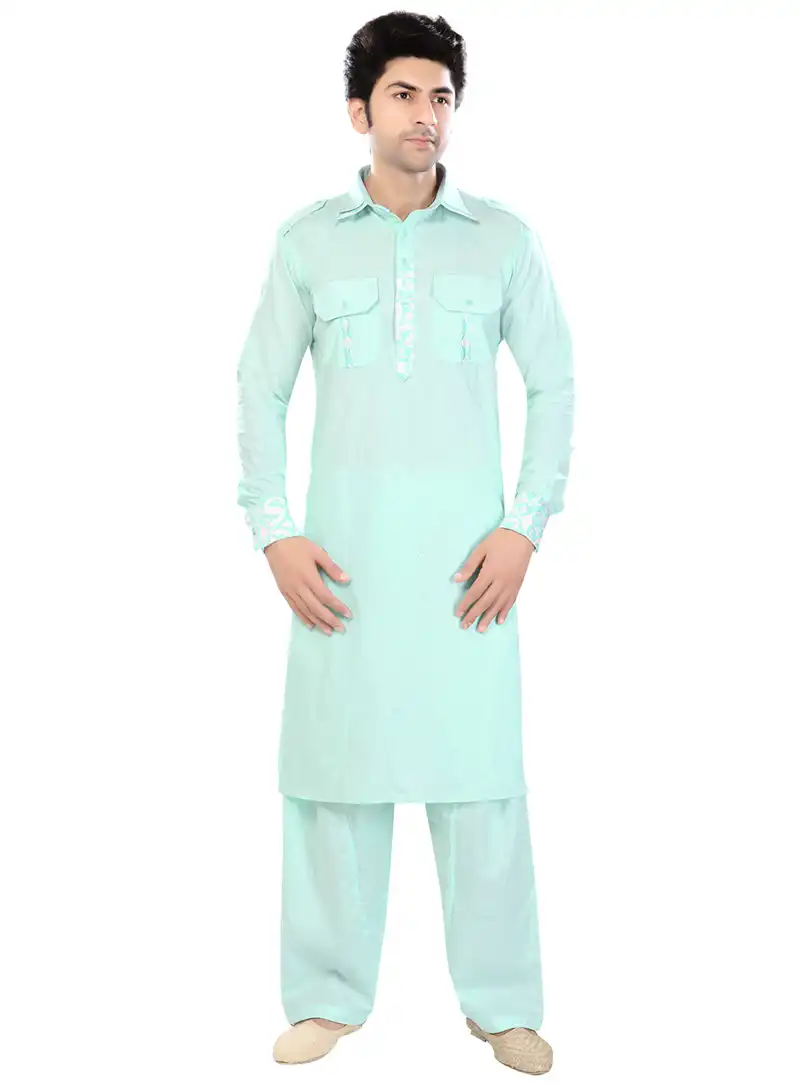Light Aqua Linen Readymade Pathani Suit 71487